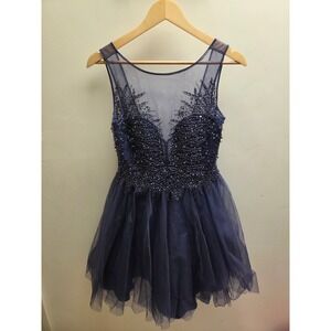 Basix Black Label Navy Blue Beaded Tulle Mini Dress Prom Homecoming Size 2